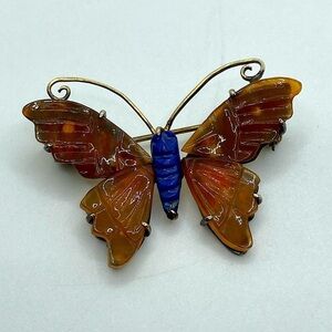 VTG Silver Carnelian Lapis Butterfly Insect Brooch 1” x 1.5” Gold Gilted